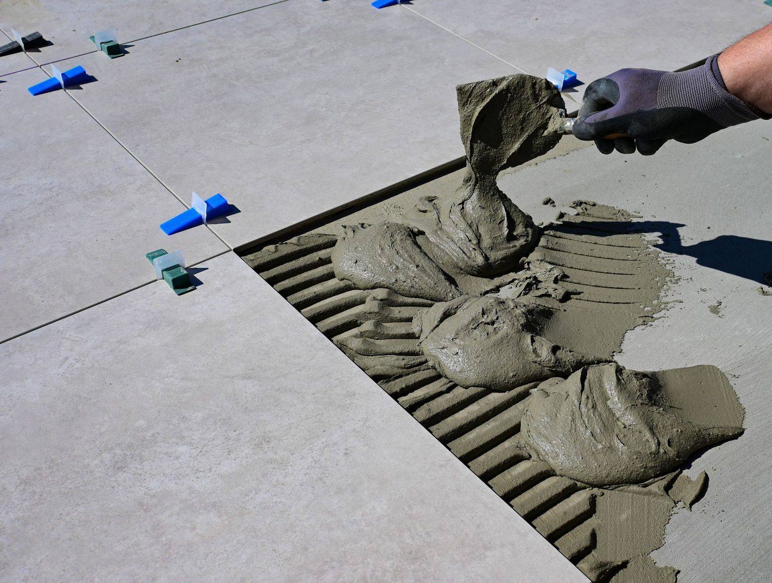 Gloved hand troweling notched mortar to set a large floor tile with leveling clips